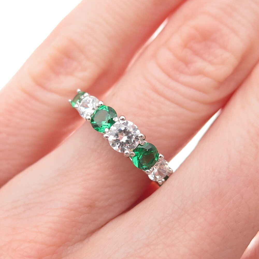 925 Sterling Silver Real Round-Cut Chrome Diopside & C Z Ring Size 5.25